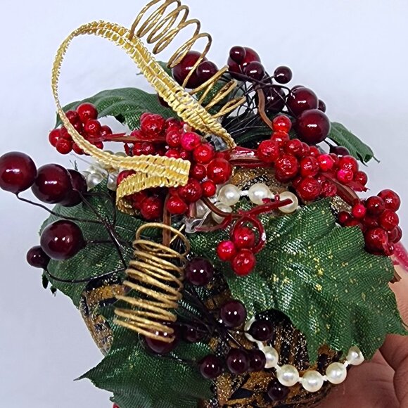 VTG Handmade Folded Cloth Black Gold Holly Glitter Christmas Holiday Ornament - Picture 3 of 12